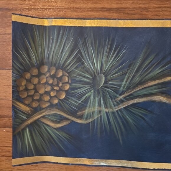 Hand Painted Pinecones Border Painting 36" Signed - Picture 2 of 8